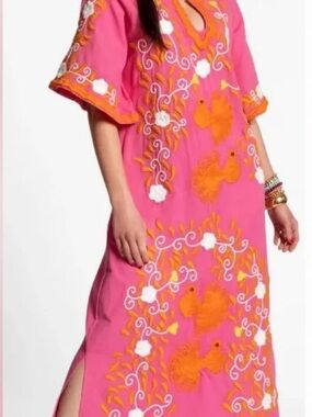 FRANCES VALENTINE Peacock Caftan NWT size 6 pink/coral $600